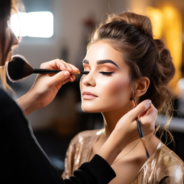 Photo of female makeup artist doing a makeup for young girl face