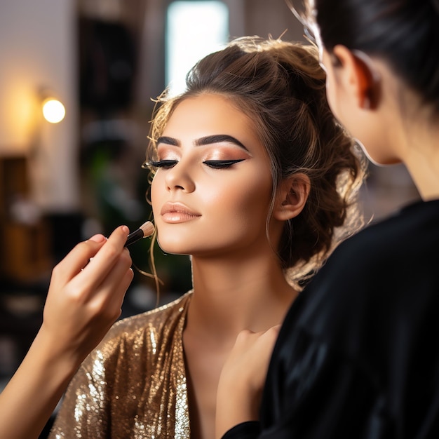 Photo of female makeup artist doing a makeup for young girl face