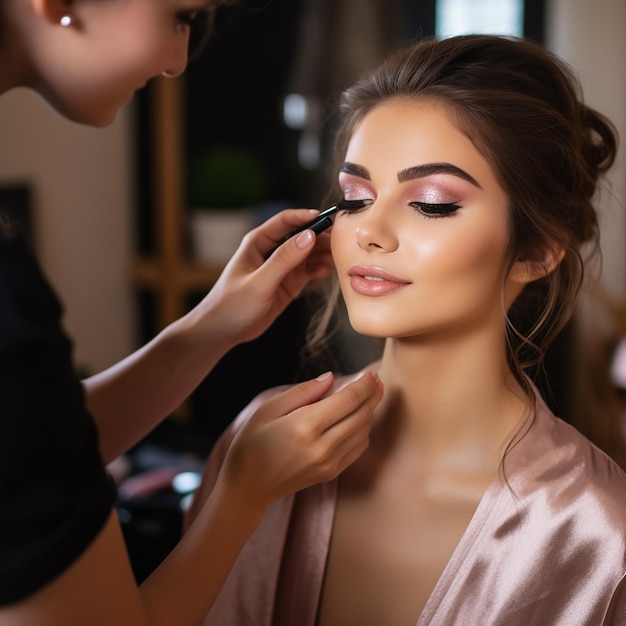 Photo of female makeup artist doing a makeup for young girl face