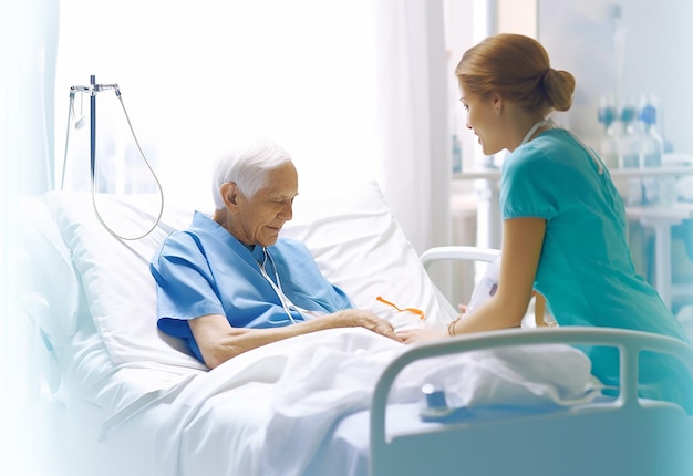 Photo of female nurse helping to the patient caring about old patient