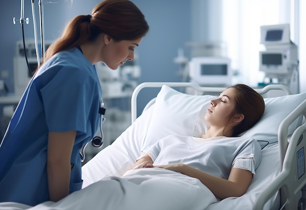 Photo of female nurse helping to the patient caring about old patient