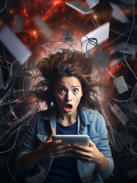 Foto foto di donna scioccata in mezzo a dispositivi elettronici tornado foto di alta qualità