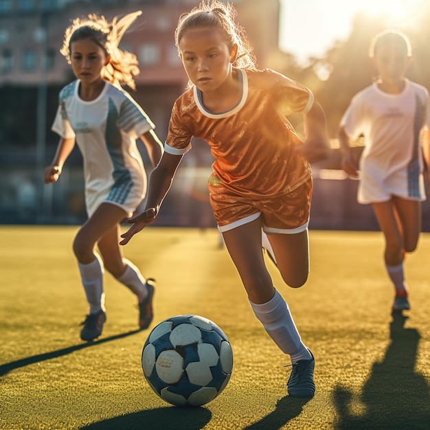 Photo female soccer football player kicking ball training in action and motion