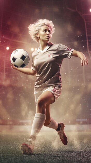 Photo photo female soccer football player kicking ball training in action and motion