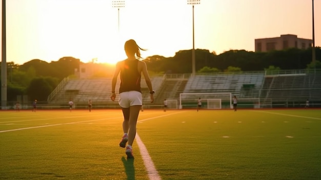 アクションとモーションでボールを蹴る女子サッカー選手の写真トレーニング