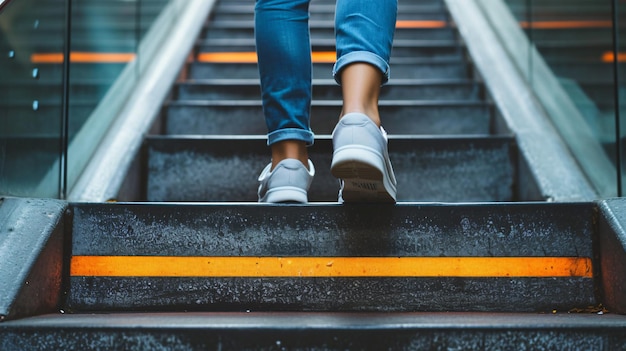 Photo photo of female walking up the stairs focus on the shoes