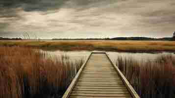 Photo a photo of a fen landscape with wooden boardwalk marshy terrain