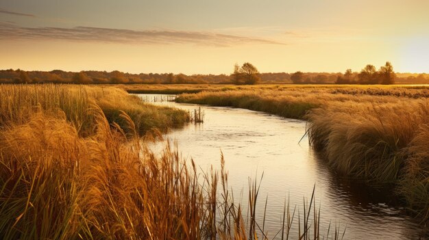 A photo of a fen with winding waterways dense reed beds backdrop