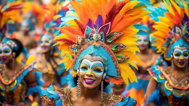 Фото праздничного карнавального парада с яркими костюмами