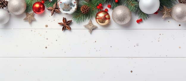 Photo of a festive Christmas background with ornaments and pine cones perfect for holiday decoration