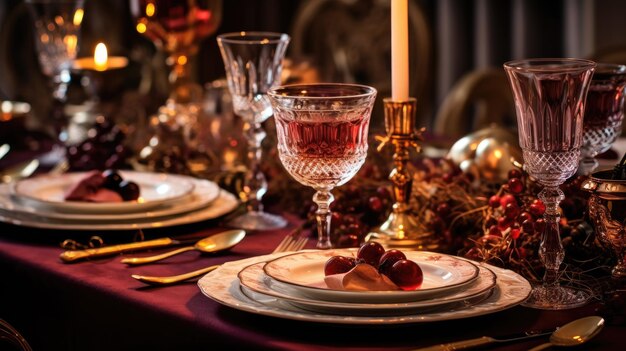 A photo of a festive table setting with elegant goldrimmed dishes crystal glassware