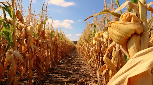 A Photo of a Field of Corn Stalks Ready for Harvest on a Farm