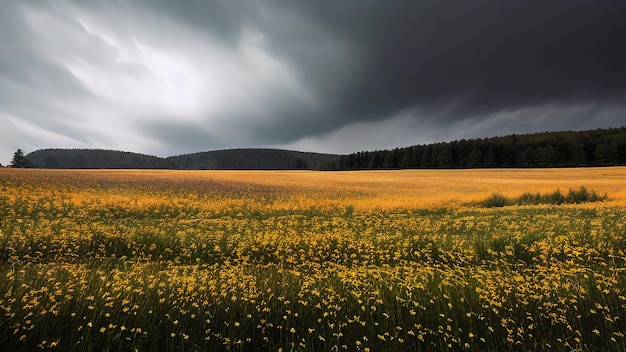 photo field of grass and flower in front of hills and dark clouds