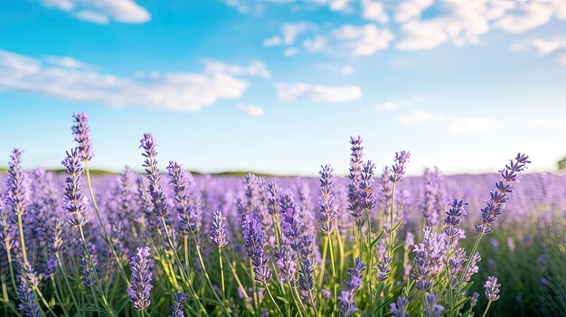 A photo of a field of lavender with a clear blue sky soft natural light
