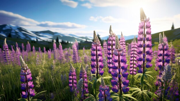 Photo a photo of a field of purple lupines