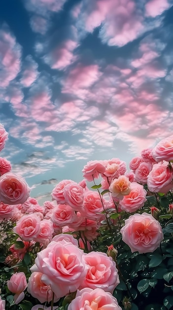 A photo of a field of roses with a pink sky in the background.