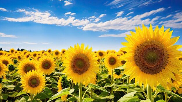 A photo of a field of sunflowers blue sky