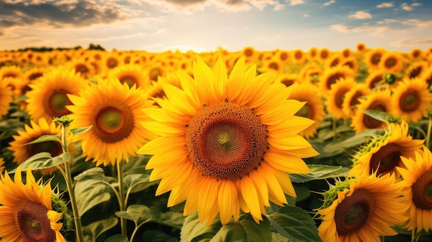 A photo of a field of sunflowers bright midday sun