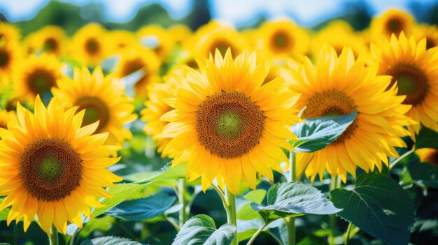 A photo of a field of sunflowers with a bright blue sky golden sunlight