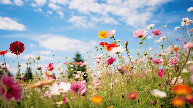 A photo of a field of vibrant wildflowers clear blue sky