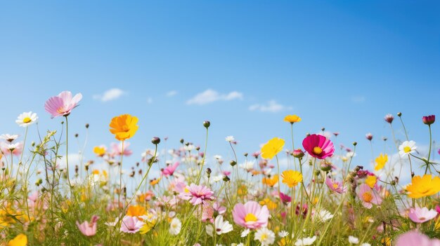 澄んだ青い空の野花の畑の写真