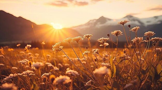 A photo of a field of wildflowers distant mountains