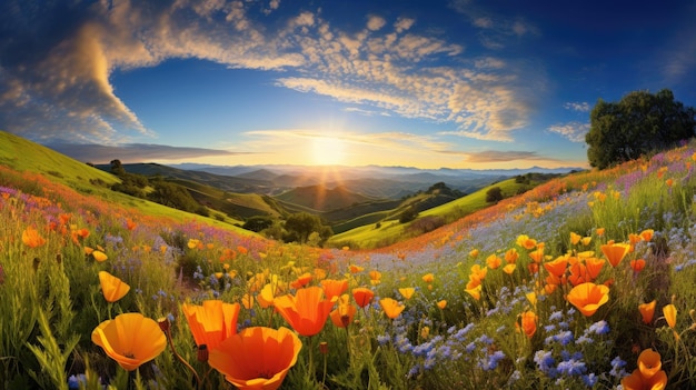 A photo of a field of wildflowers rolling hills