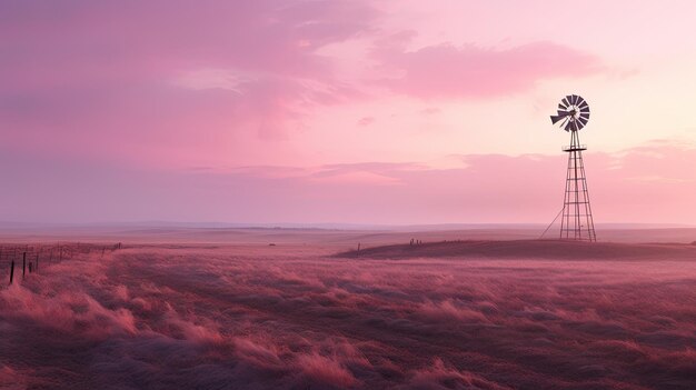 A photo of a field with a lone windmill endless horizon