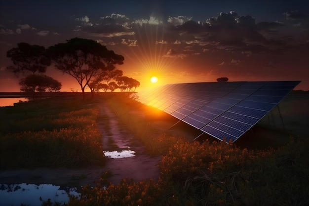 A photo of a field with a solar panel in the foreground and a sunset in the background.