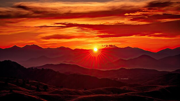 A photo of a fiery sunset silhouetted mountains