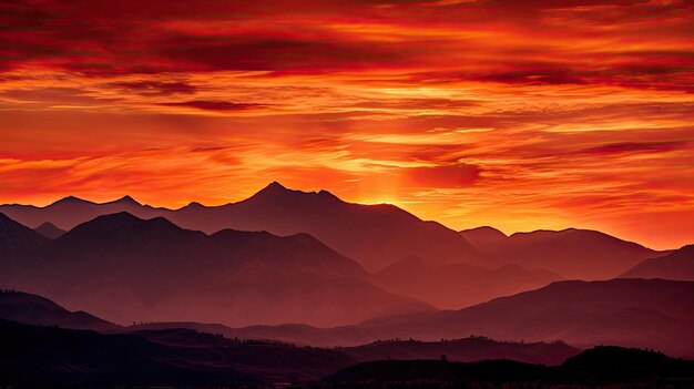 Photo a photo of a fiery sunset silhouetted mountains