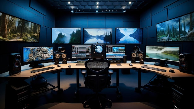 A Photo of a Film Editing Suite with Multiple Monitors