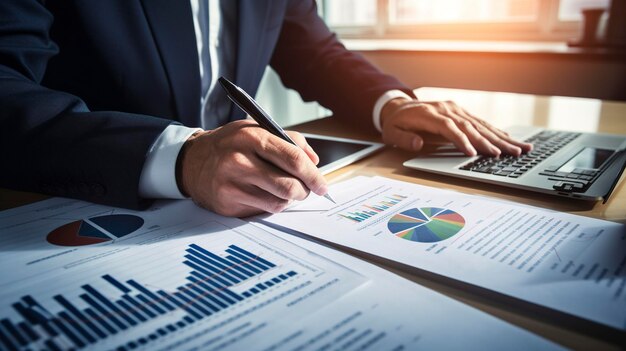 A Photo of a Financial Report and Graphs on a Desk