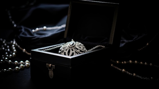 A photo of a finely crafted silver necklace velvet jewelry box backdrop