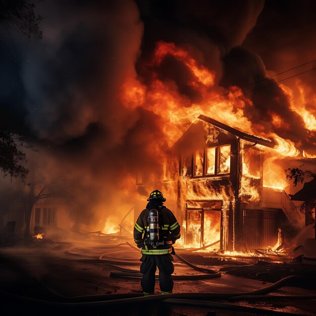 photo of a firefighter by work colorful realistic burning house