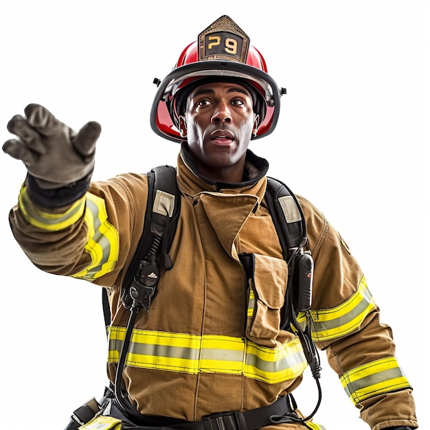 白い背景に何かを保持している胸の高さの消防士の写真