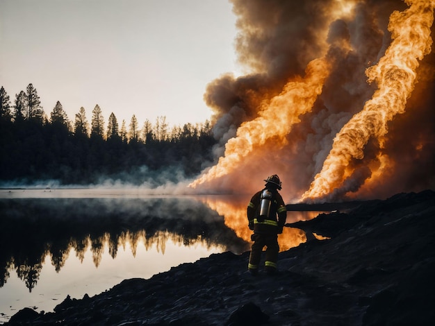 生成 AI を背景に大きな火の雲と煙を持つ消防士の写真