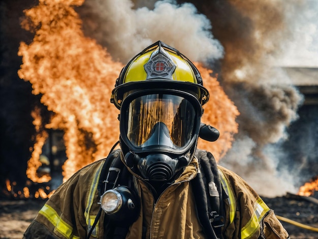 photo of firefighter with big fire cloud and smoke in background generative AI