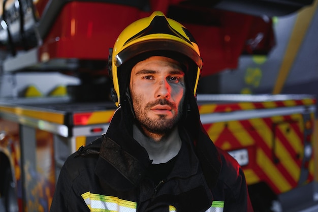 Photo of fireman with gas mask and helmet near fire engine