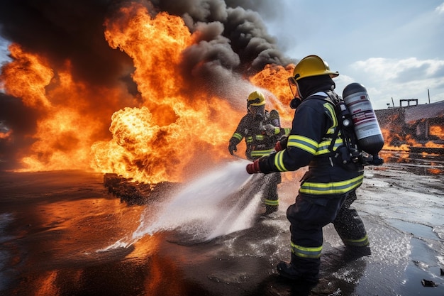 Photo firemen using extinguisher and water for fighter fire during firefight training