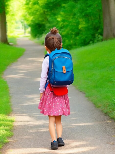 Photo first day at school a little school girl in first grade pupil of primary school back to school