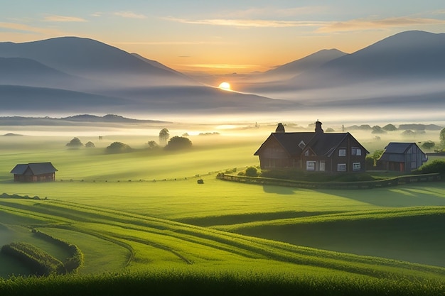 Photo the first rays of the rising sun at green field farmers are working misty village