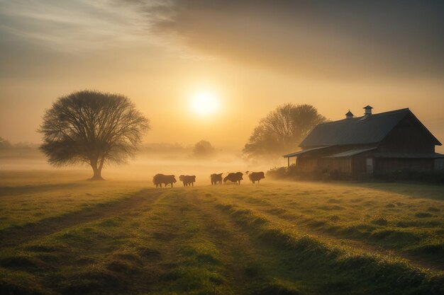 Photo the first rays of the rising sun at green field farmers are working misty village