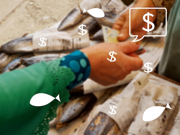 Photo photo of fish buying and selling transaction with icon and white fish