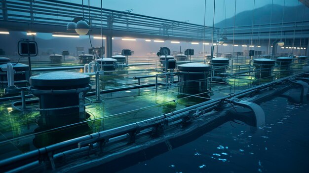 A photo of a fish farming setup with aquaculture equipment