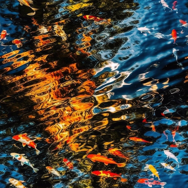 A photo of a fish pond with a reflection of a goldfish.