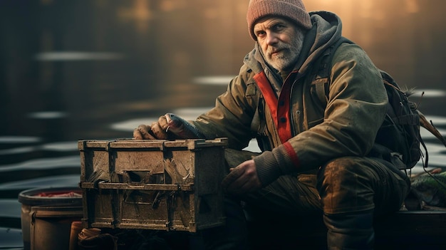 A photo of a fisherman with a tackle box