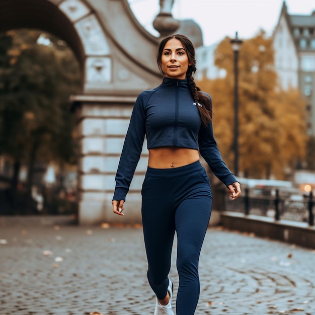 Photo photo fit blond woman with perfect smile in stylish sportswear