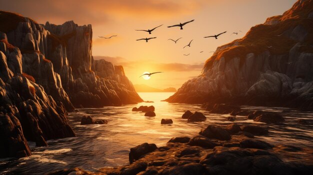 A photo of a fjord with a flock of birds golden hour light