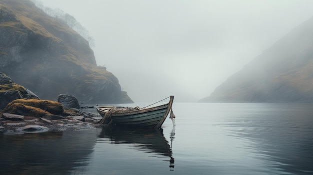 Foto una foto di un fiordo con un'atmosfera nebbiosa di un piccolo peschereccio